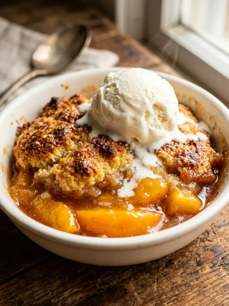 Extreme close-up, single generous serving of peach cobbler in a white bowl, golden-brown crisp biscuit topping visible with caramelised edges, vibrant orange peach filling with visible peach slices pooling around the sides, large scoop of vanilla ice cream melting into the filling, warm dramatic side light, shallow depth of field