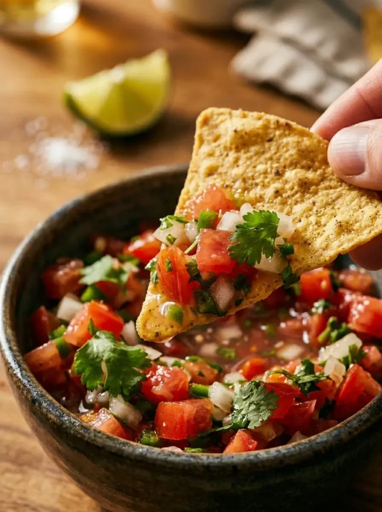 Extreme close-up, triangular tortilla chip mid-scoop into a bowl of vivid fresh pico de gallo, tomato and cilantro visible on the chip, lime wedge in background blur, warm dramatic side light, shallow depth of field
