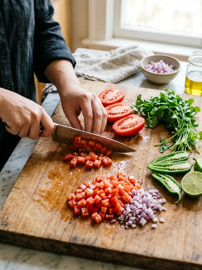 45-degree angle, large wooden cutting board, four halved deseeded Roma tomatoes being diced with a sharp chef's knife, cilantro and jalapeño visible nearby ready to be chopped, bright clean natural kitchen light