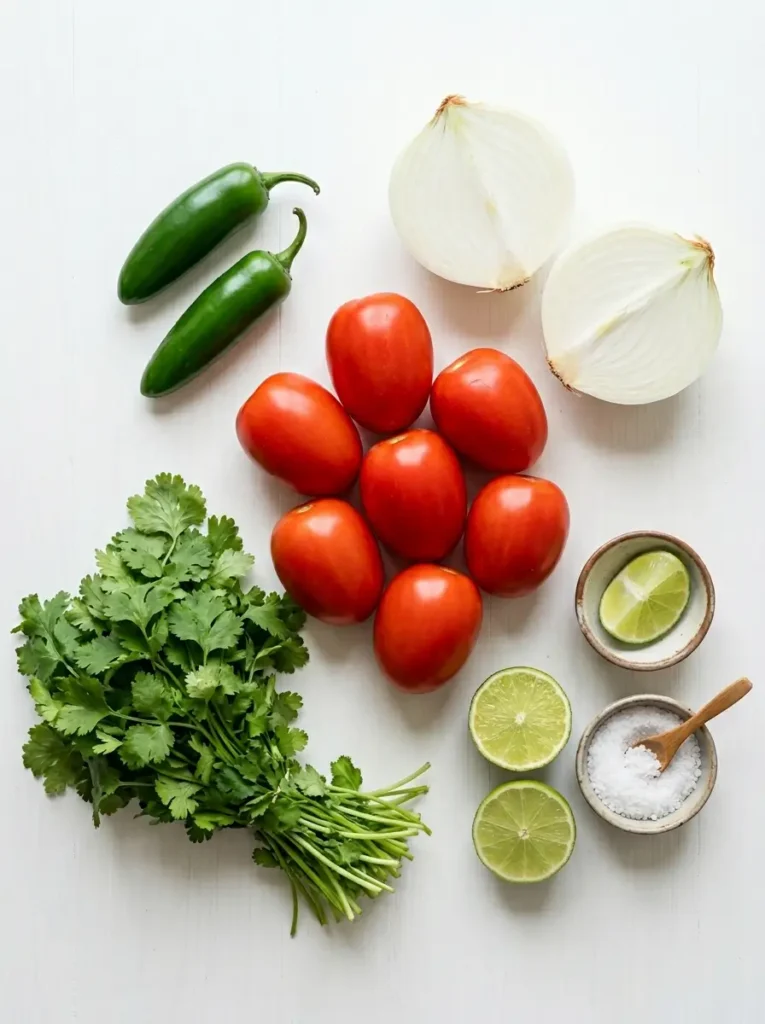 Overhead flat lay, six Roma tomatoes centered, white onion halved, two jalapeños, large bunch of fresh cilantro, two limes halved, small bowl of kosher salt, clean white background, soft even natural light