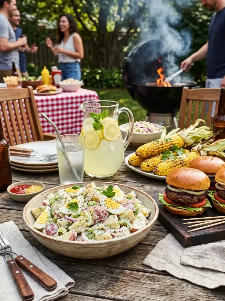 Potato salad recipe served at BBQ spread with grilled burgers corn on cob and lemonade