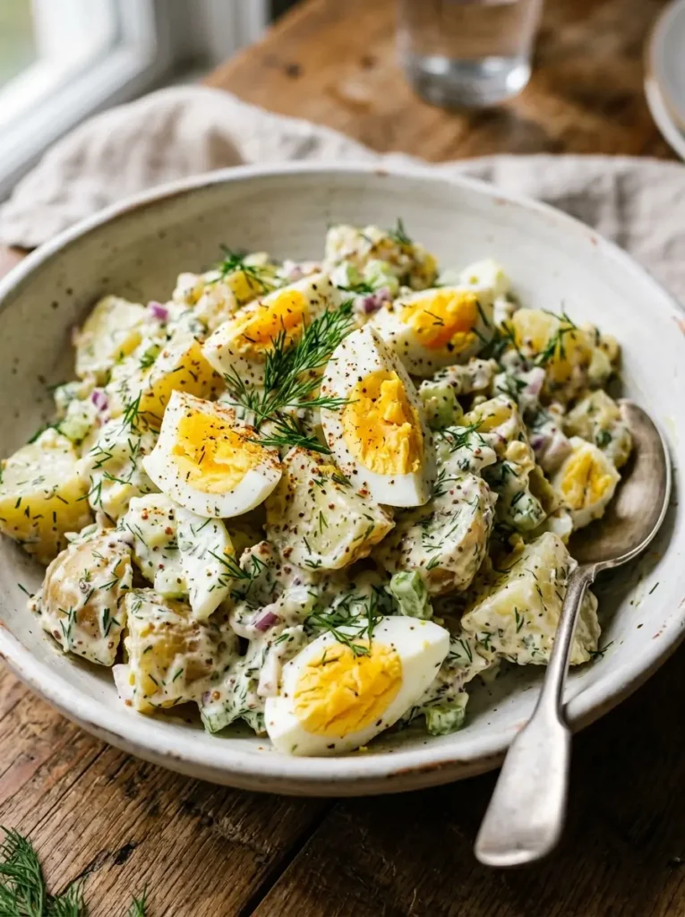 Potato salad recipe closeup showing creamy dressing chunks of potato hard boiled egg and fresh dill