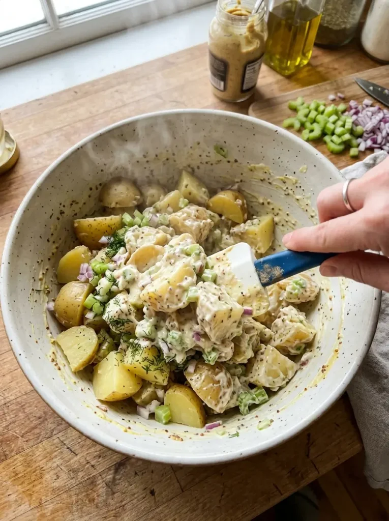 Potato salad recipe mayo mustard dressing being folded into warm potatoes with rubber spatula