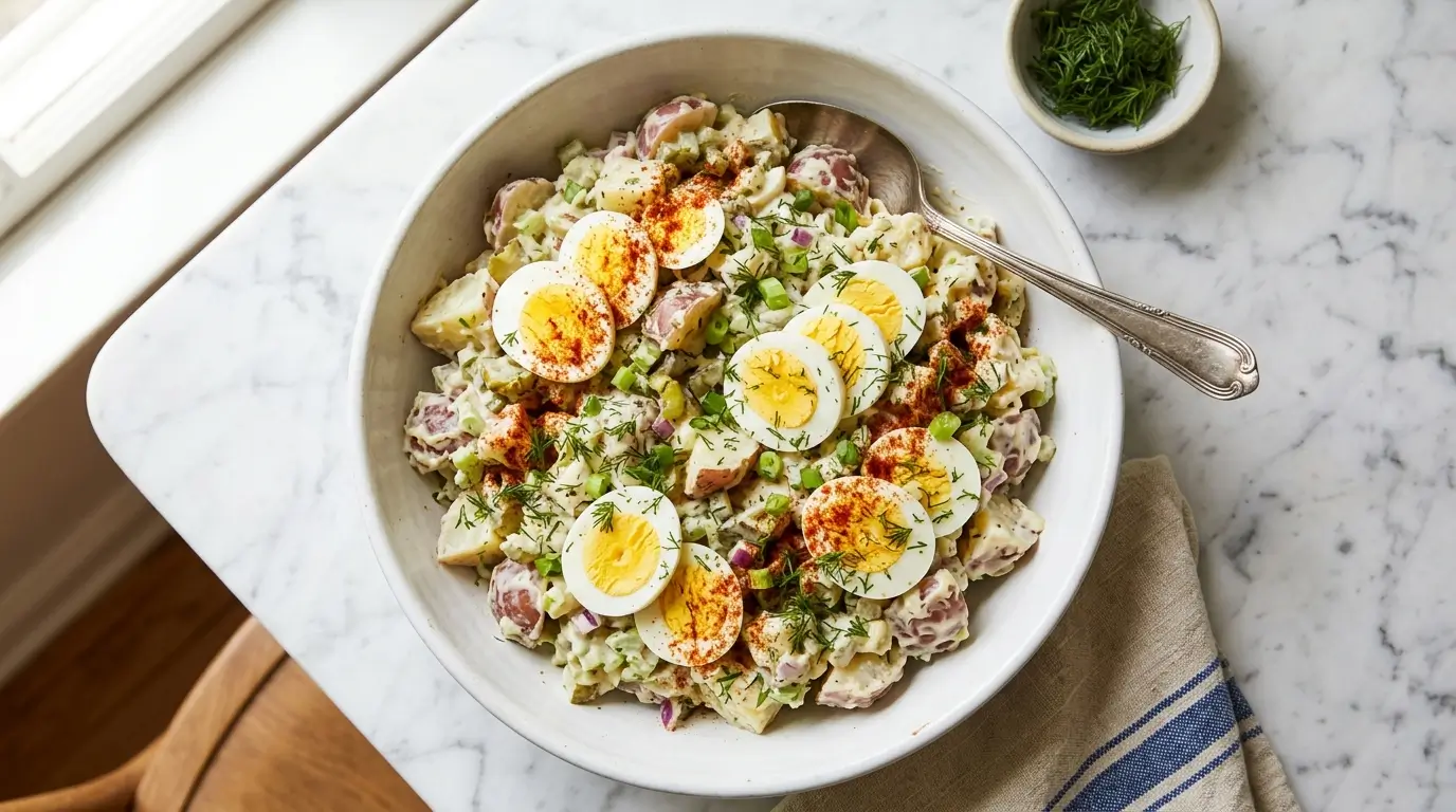 Potato salad recipe in large white bowl with hard boiled eggs celery pickles paprika garnish overhead