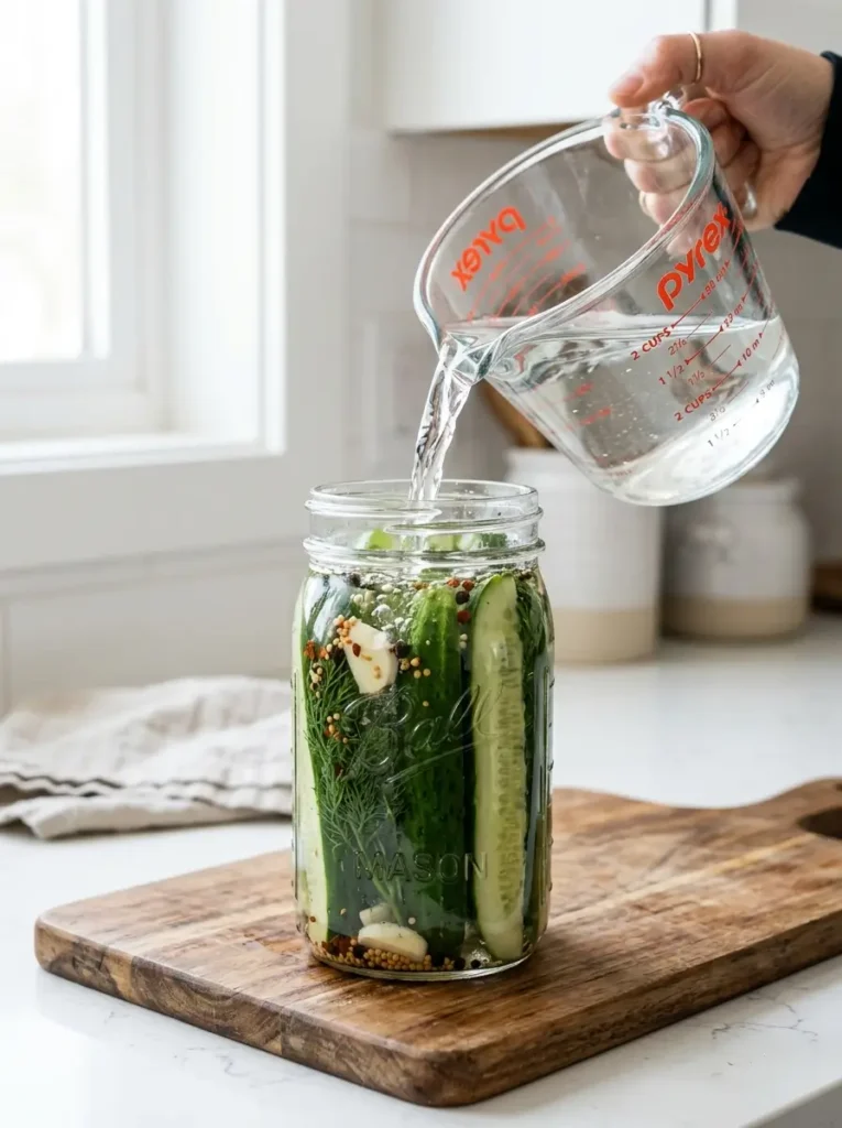 Overhead flat lay, six Kirby cucumbers centred, large bunch of fresh dill, garlic bulb and loose cloves, bottle of distilled white vinegar, small bowl of kosher salt, mustard seeds, red pepper flakes, two empty mason jars, clean white background, soft even natural light