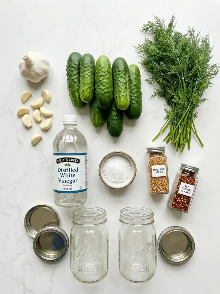 45-degree angle, clear vinegar brine being poured from a glass measuring jug into a tightly packed mason jar of cucumber spears with visible dill and garlic, light catching the clear liquid as it pours, clean white kitchen background, bright natural light