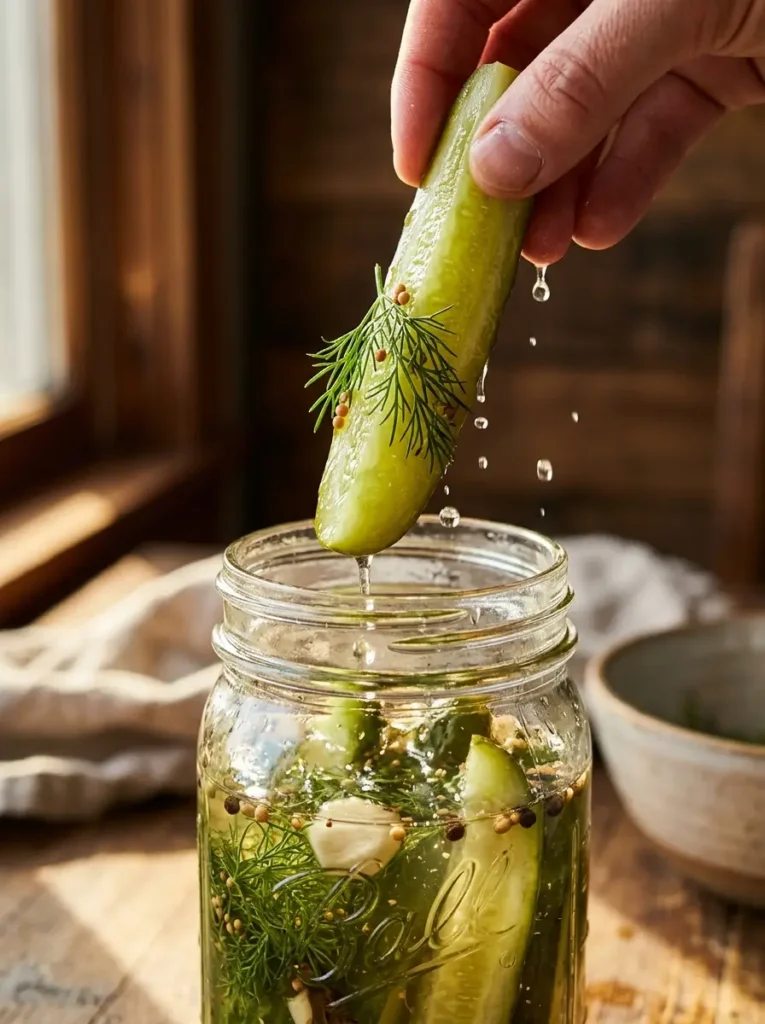 Extreme close-up, a single bright green cucumber pickle spear being lifted from a jar with two fingers, brine droplets falling back into the jar, visible dill sprig clinging to the spear, clear brine catching the light in the jar below, warm dramatic side light, shallow depth of field