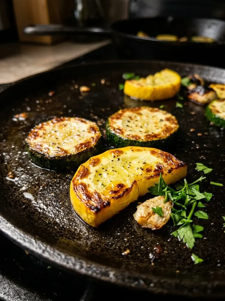 Extreme close-up, two golden-edged zucchini coins and one yellow squash half-moon lying flat on a dark cast iron surface, deep caramelised golden-brown edges clearly visible, garlic piece and fresh parsley alongside, warm dramatic side light, shallow depth of field