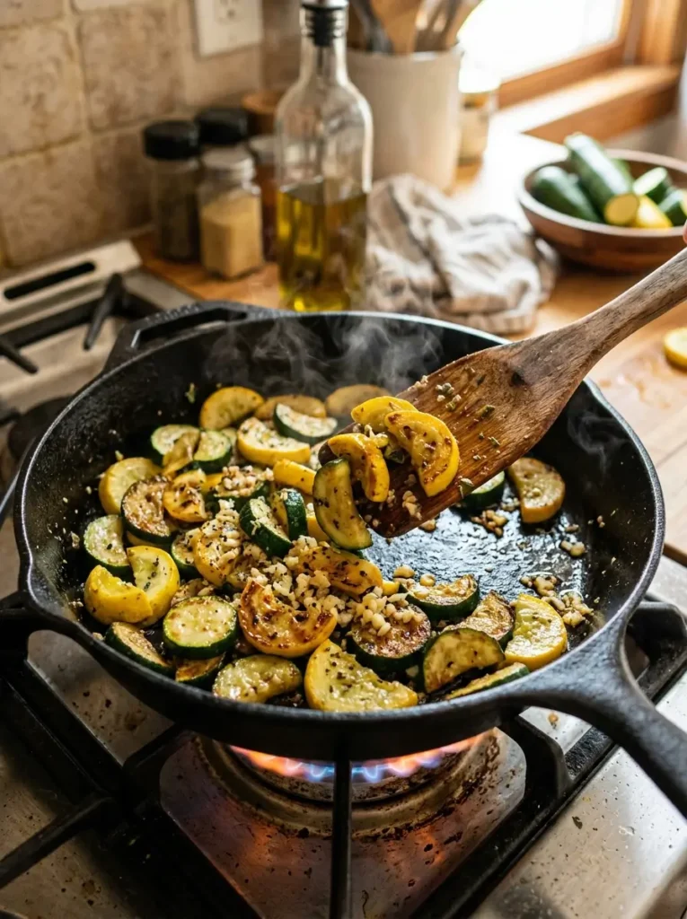 45-degree angle, large black cast iron skillet over high heat, zucchini coins and yellow squash half-moons with beautiful golden caramelised edges visible, minced garlic scattered throughout, wooden spatula mid-toss, light steam rising, warm golden kitchen light