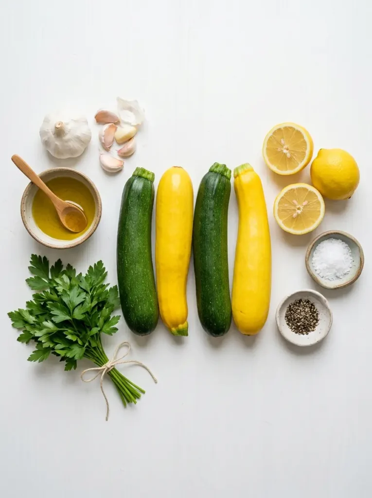 Overhead flat lay, two whole green zucchini and two yellow squash centred side by side, garlic bulb and loose cloves, small bowl of olive oil, fresh parsley bunch, lemon halved, small dishes of kosher salt and black pepper, clean white background, soft even natural light