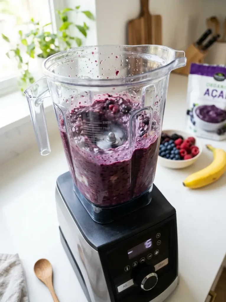 45-degree angle, high-powered blender filled with thick, deep purple acai smoothie mixture mid-blend, visible frozen banana chunks and berries through the glass, light natural kitchen light, clean white countertop