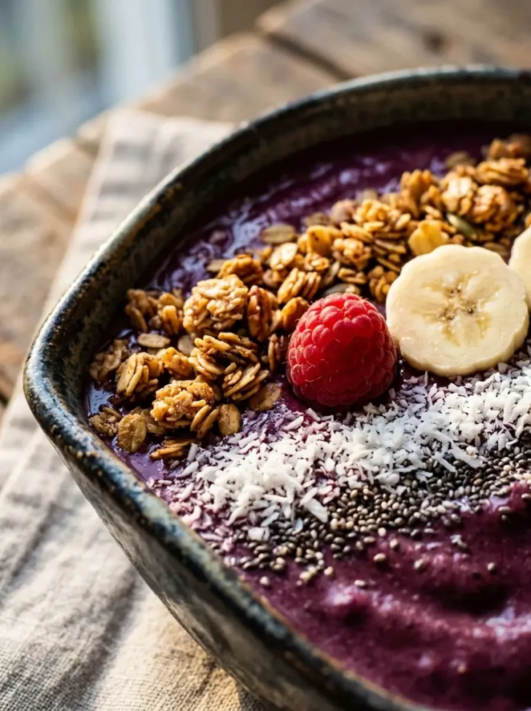 Extreme close-up, corner of an acai bowl showing deep purple smoothie base with a neat row of golden granola, fresh raspberry, banana slice, and a light dusting of coconut and chia seeds, warm dramatic side light, shallow depth of field