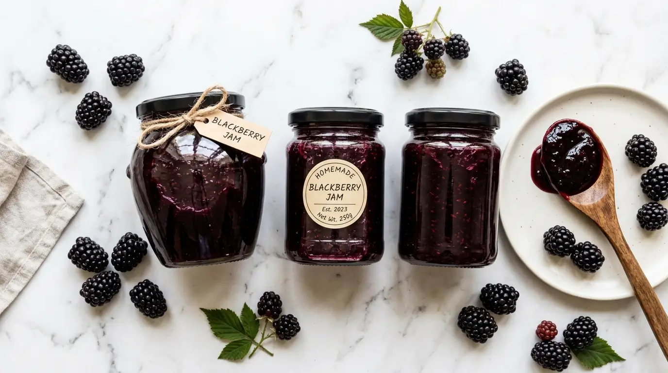Overhead angle, three glass jars filled with deep purple-black glossy jam, fresh blackberries scattered around the jars, wooden spoon with a dollop of jam resting on a small plate, white marble surface, bright natural window light
