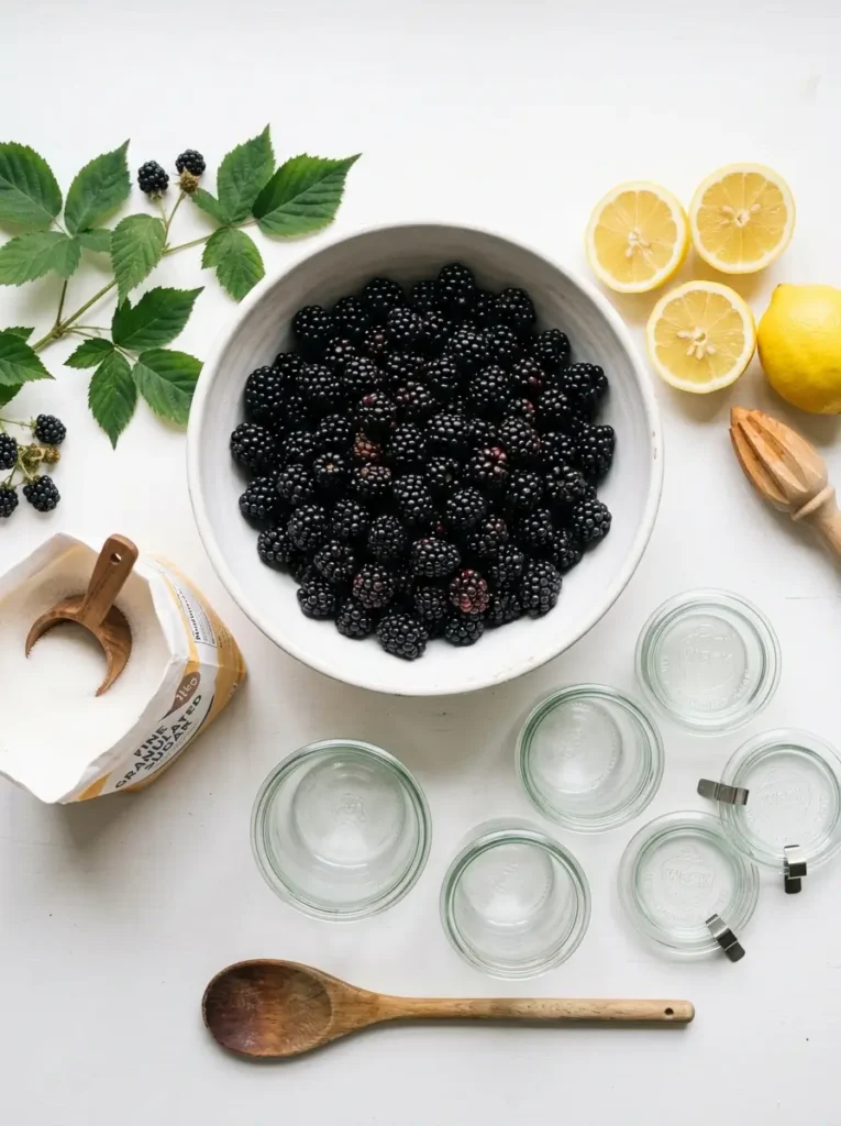 Overhead flat lay, large bowl of fresh ripe blackberries centred, bag of granulated sugar, two lemons halved, empty glass jars with lids, wooden spoon, clean white background, soft even natural light