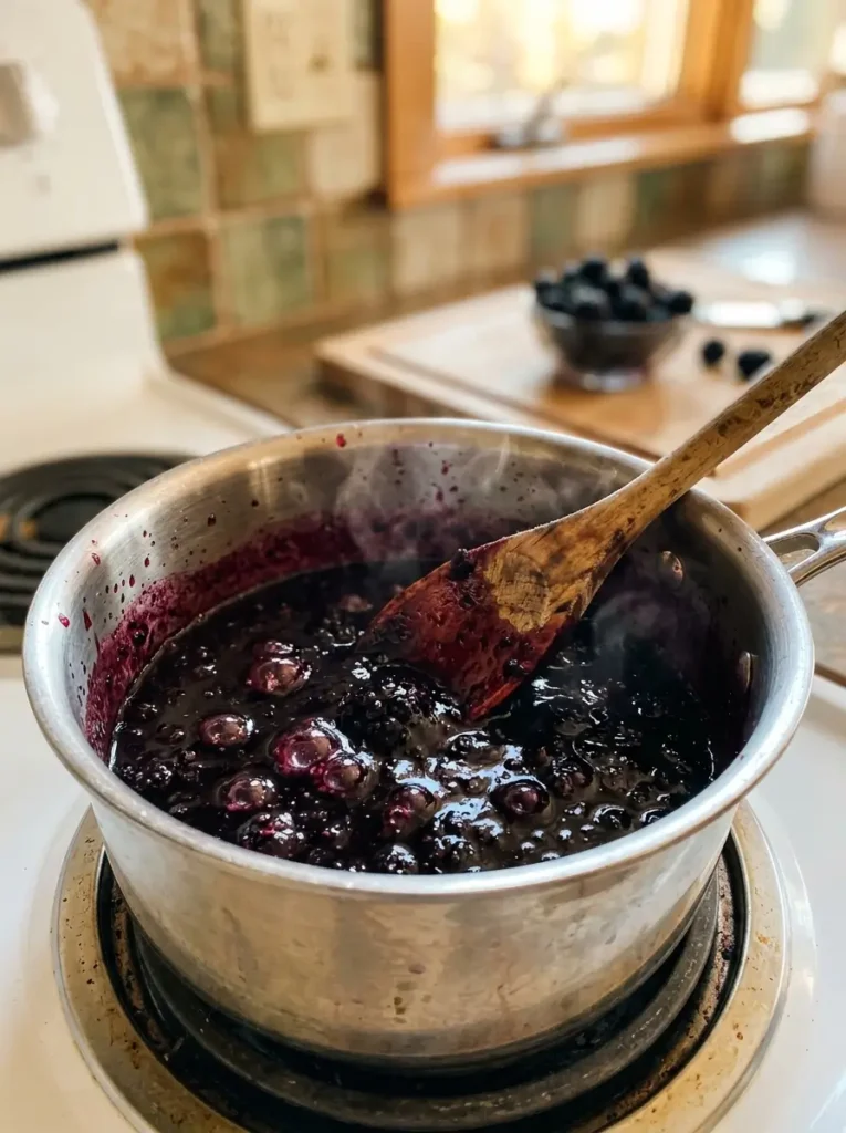 45-degree angle, large heavy-bottomed saucepan with thick, bubbling, deep purple-black jam, wooden spoon stirring through the mixture, visible steam rising, light splatter on the pan sides, warm golden kitchen light