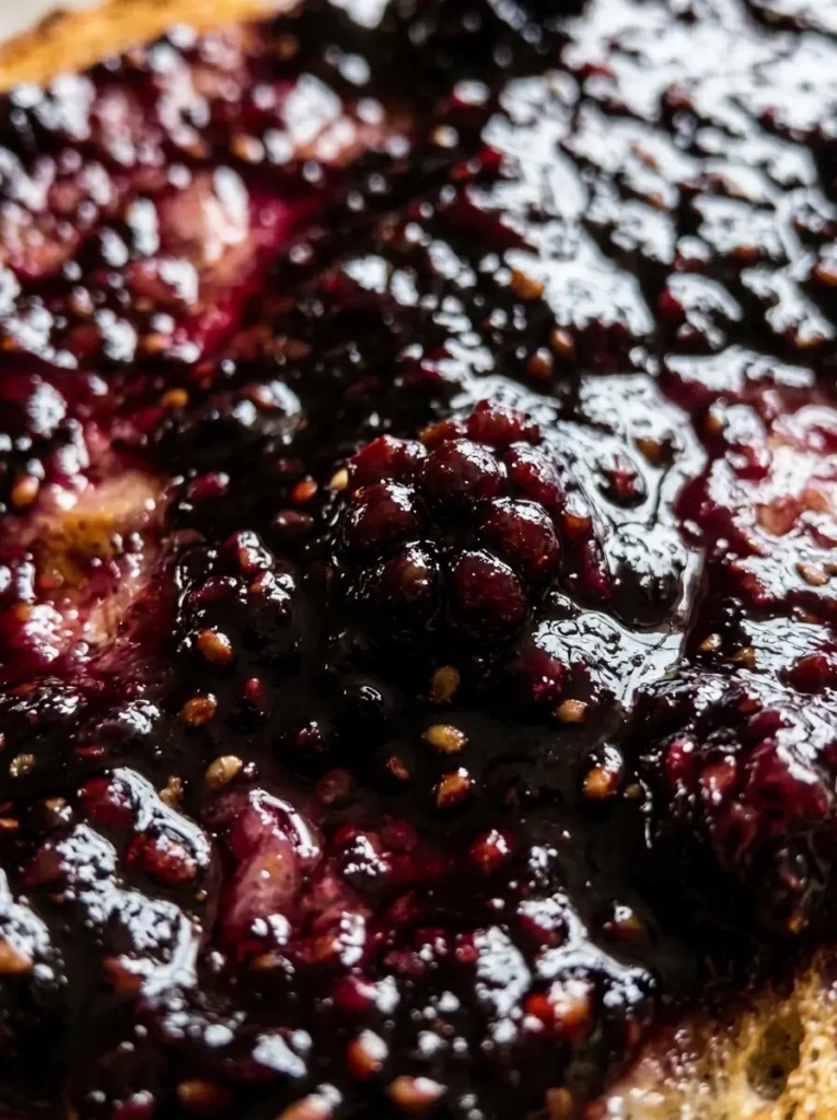 Extreme close-up, thick slice of buttered toast spread generously with glossy deep purple-black blackberry jam, visible seeds and fruit texture, small jar of jam blurred in the background, warm dramatic side light, shallow depth of field