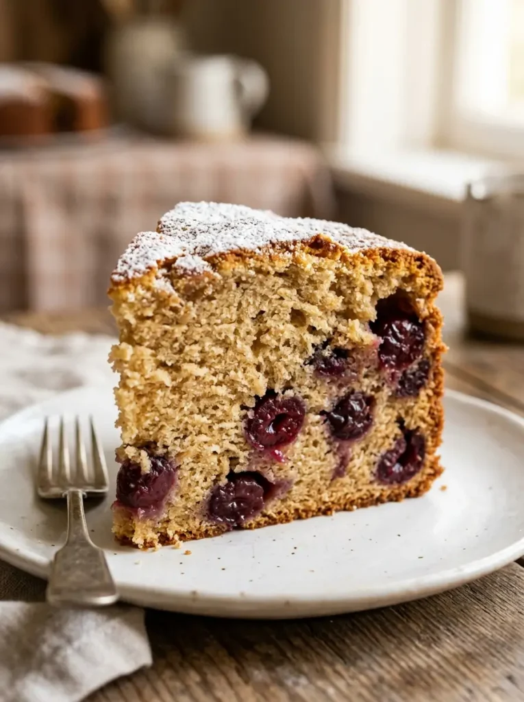 Extreme close-up, single slice of cherry cake standing upright on a white plate, soft golden crumb clearly visible with whole cherries scattered throughout, light dusting of icing sugar on top, warm dramatic side light, shallow depth of field