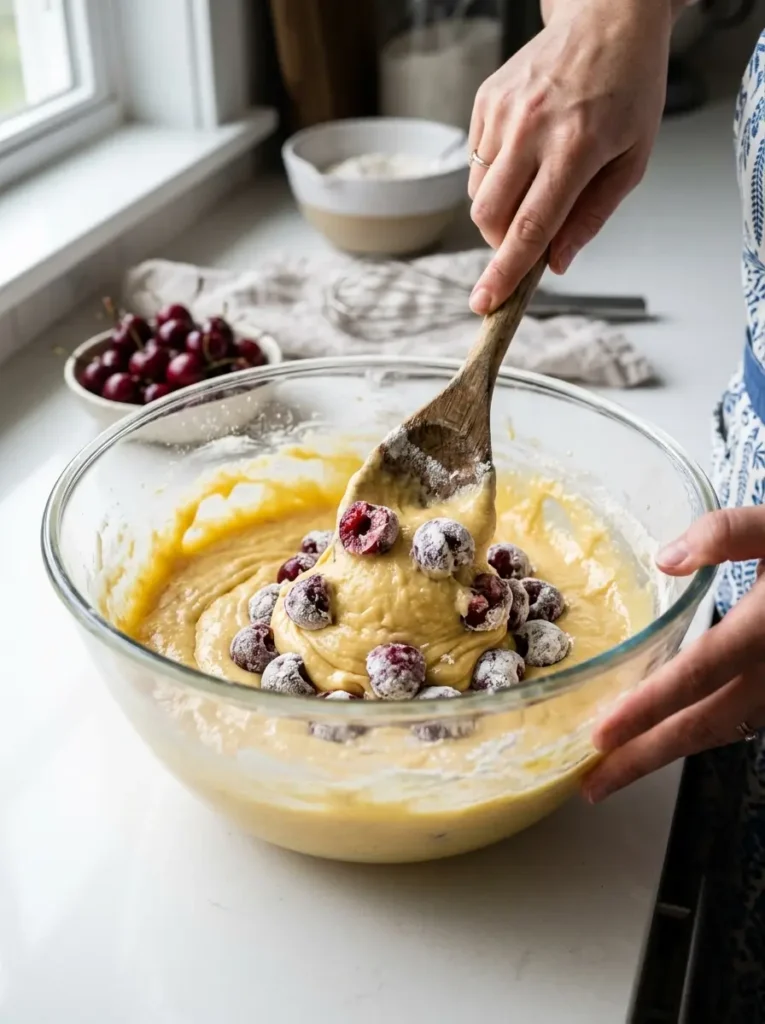 45-degree angle, large glass mixing bowl filled with pale golden cake batter, flour-coated cherries being gently folded in with a wooden spoon, some cherries visible mid-fold, light natural kitchen light, clean white countertop