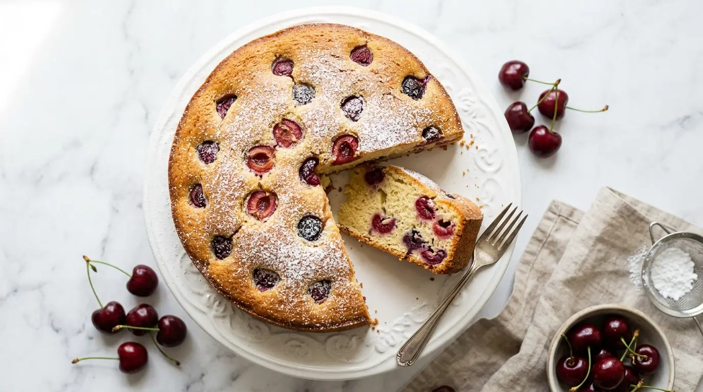 Overhead angle, golden round cherry cake on a white cake stand with one slice cut and pulled slightly away, visible cherries studded throughout the tender crumb, light dusting of icing sugar on top, fresh cherries with stems scattered alongside, white marble surface, bright natural window light