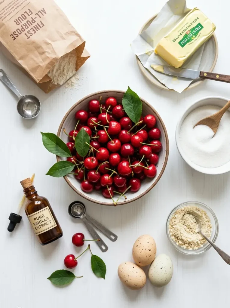 Overhead flat lay, bowl of fresh cherries with stems centred, block of butter, bowl of sugar, three eggs, bag of flour, vanilla extract bottle, small dish of ground almonds, clean white background, soft even natural light
