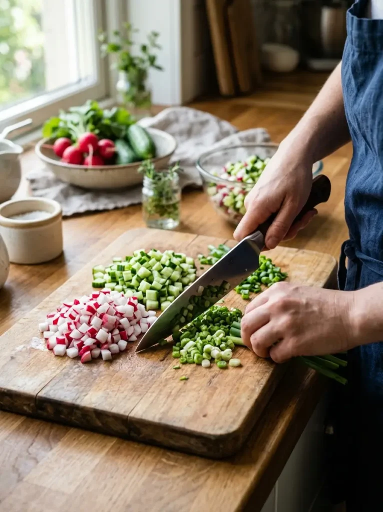 Okroschka Rezept Gemüse würfeln Schneidebrett Zubereitung Aktion