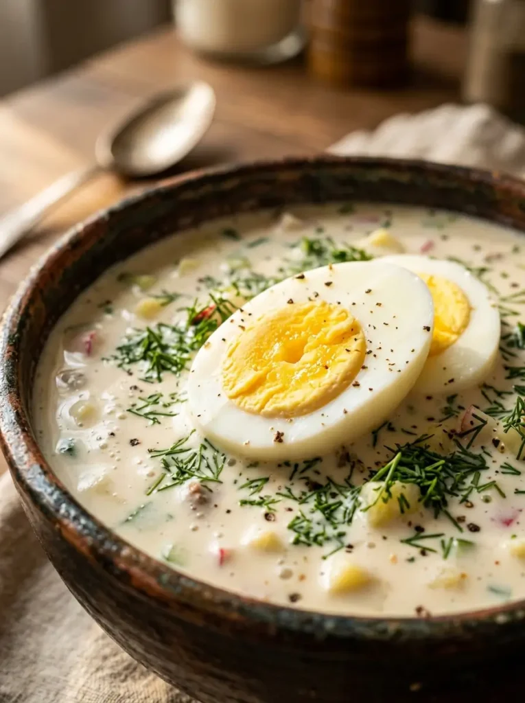 Okroschka Rezept Nahaufnahme cremige Suppe Ei Scheibe Dill Garnitur