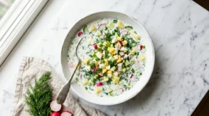 Okroschka Rezept kalte Suppe Schüssel Kartoffeln Gurke Ei Dill Draufsicht