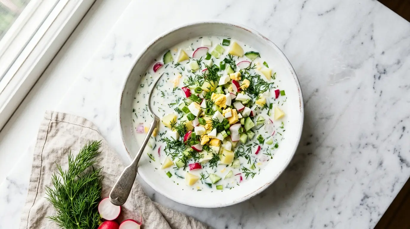 Okroschka Rezept kalte Suppe Schüssel Kartoffeln Gurke Ei Dill Draufsicht