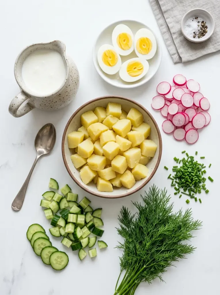 Okroschka Rezept Zutaten Flat Lay Kartoffeln Eier Gurke Radieschen Buttermilch Dill