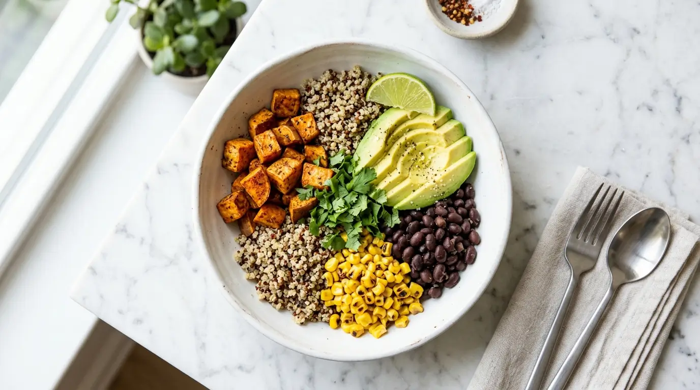 Overhead angle, wide white bowl filled with golden roasted sweet potato cubes, black beans, charred corn, sliced avocado, and fluffy quinoa arranged in neat sections, fresh lime wedge and cilantro scattered on top, white marble surface, bright natural window light