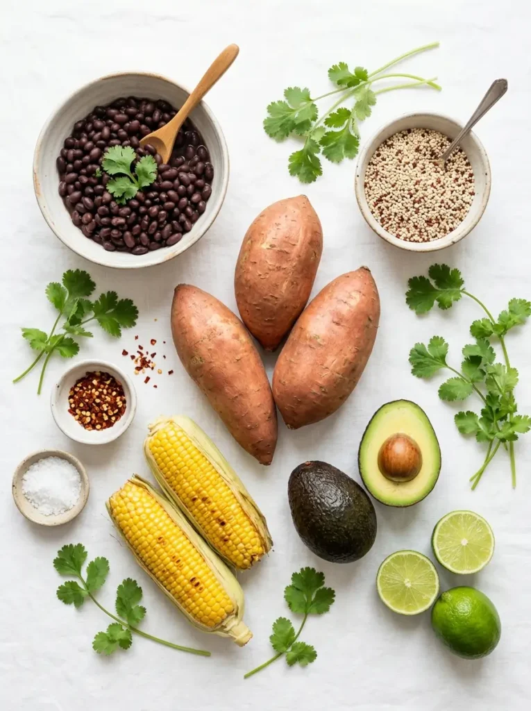 Overhead flat lay, whole sweet potatoes centred, bowl of cooked black beans, corn on the cob, whole avocado, dry quinoa in a small bowl, lime halved, fresh cilantro, clean white background, soft even natural light