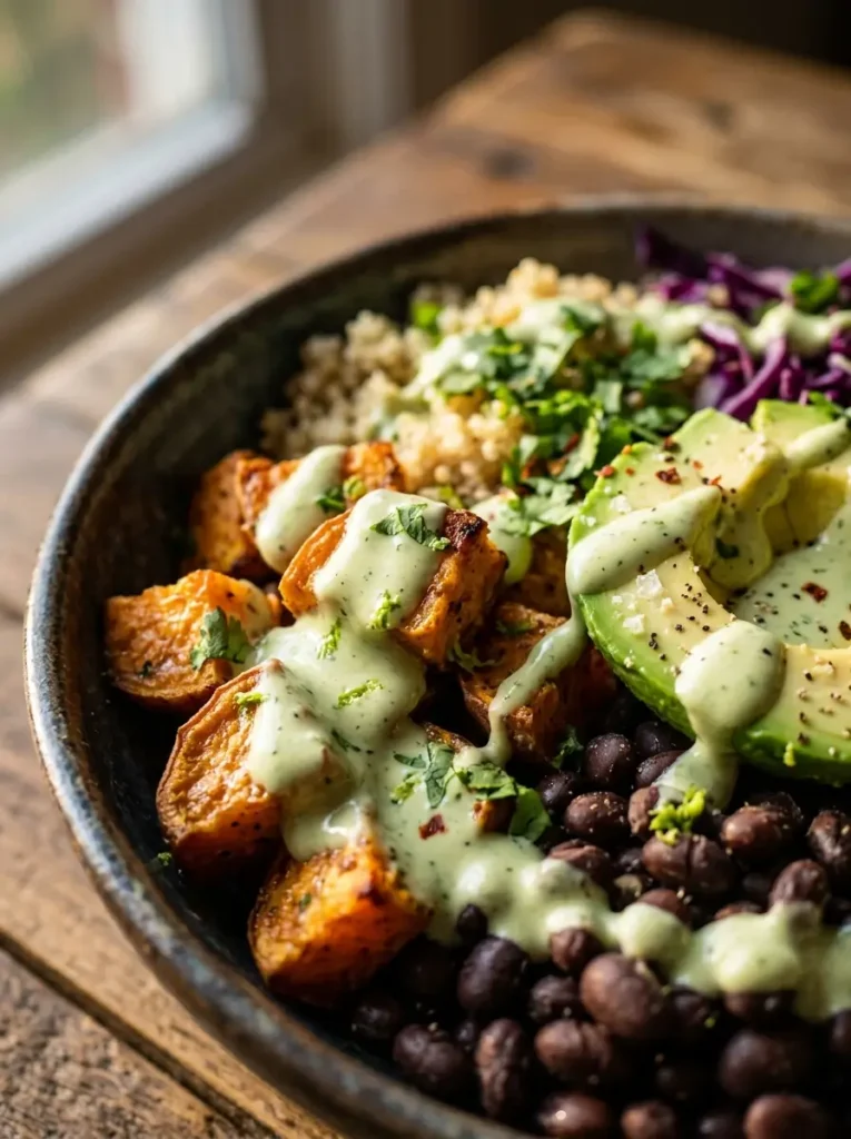 Extreme close-up, corner of a sweet potato bowl showing creamy cilantro lime sauce drizzled over golden roasted sweet potato, black beans, and sliced avocado, warm dramatic side light, shallow depth of field
