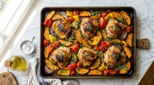 Overhead angle, large rimmed baking tray filled with golden roasted chicken thighs, sweet potato wedges, and colourful peppers, fresh herbs scattered on top, white marble surface, bright natural window light