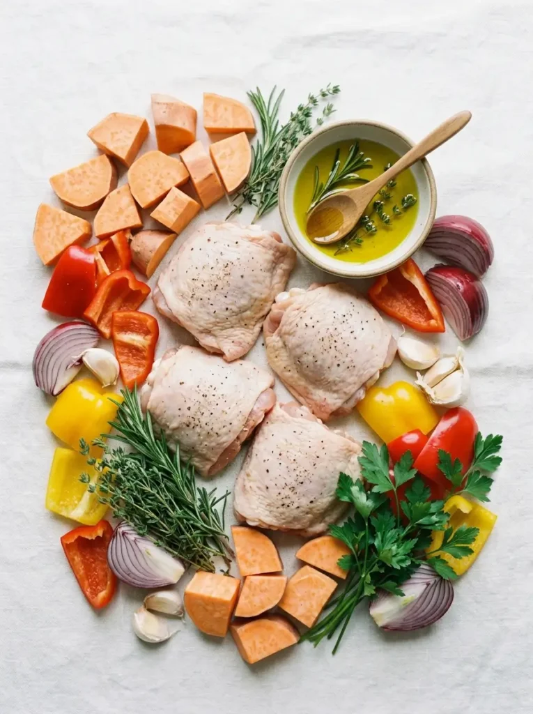 Overhead flat lay, raw chicken thighs, sliced sweet potato, chopped peppers and onion, small bowl of olive oil, fresh herbs, garlic cloves, clean white background, soft even natural light