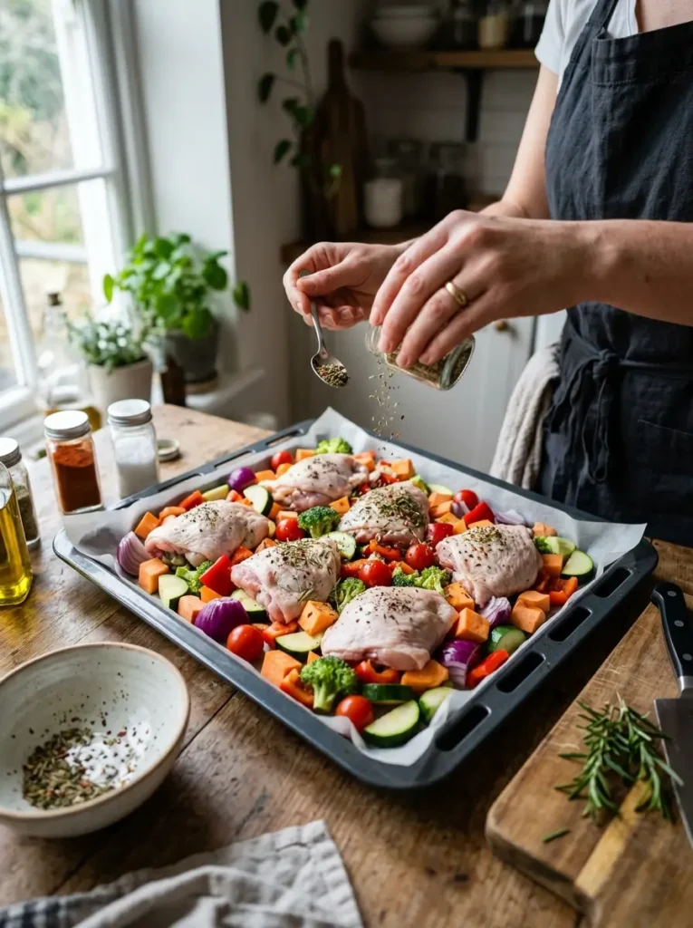 45-degree angle, baking tray with raw chicken thighs and colourful chopped vegetables being arranged in a single layer, hands seasoning with herbs and spices, natural kitchen light