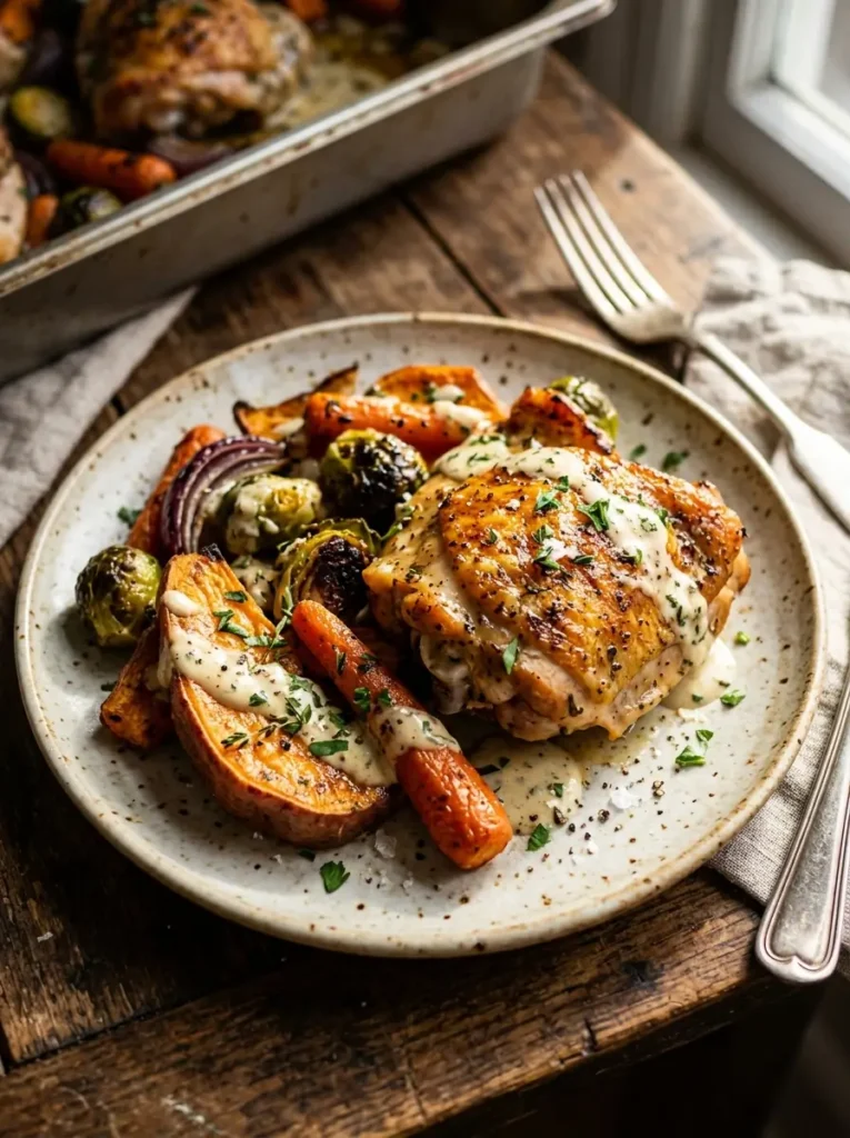 Extreme close-up, portion of tray bake served on a plate, golden roasted chicken thigh with caramelised sweet potato and vegetables, creamy sauce drizzled over the top, warm dramatic side light, shallow depth of field