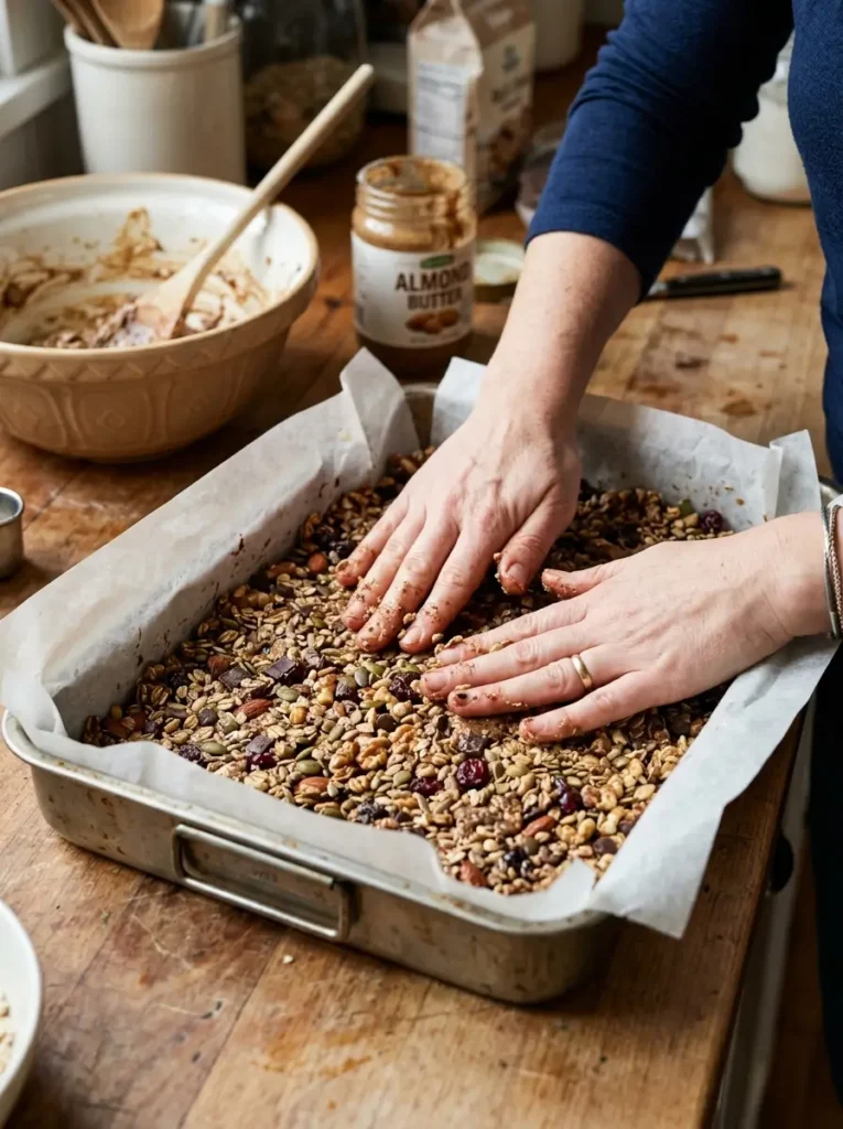 After school snacks granola bar mixture pressed into pan