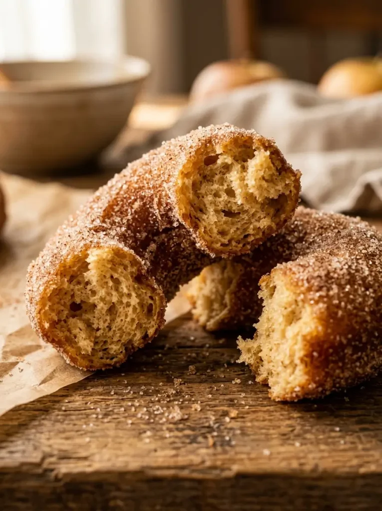 Apple cider donuts recipe close up soft interior cinnamon sugar