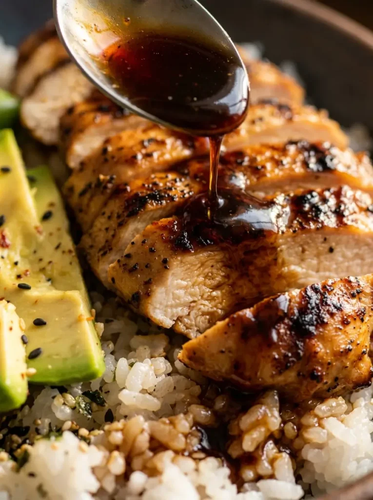Chicken rice bowl recipe close up sauce drizzle chicken rice avocado