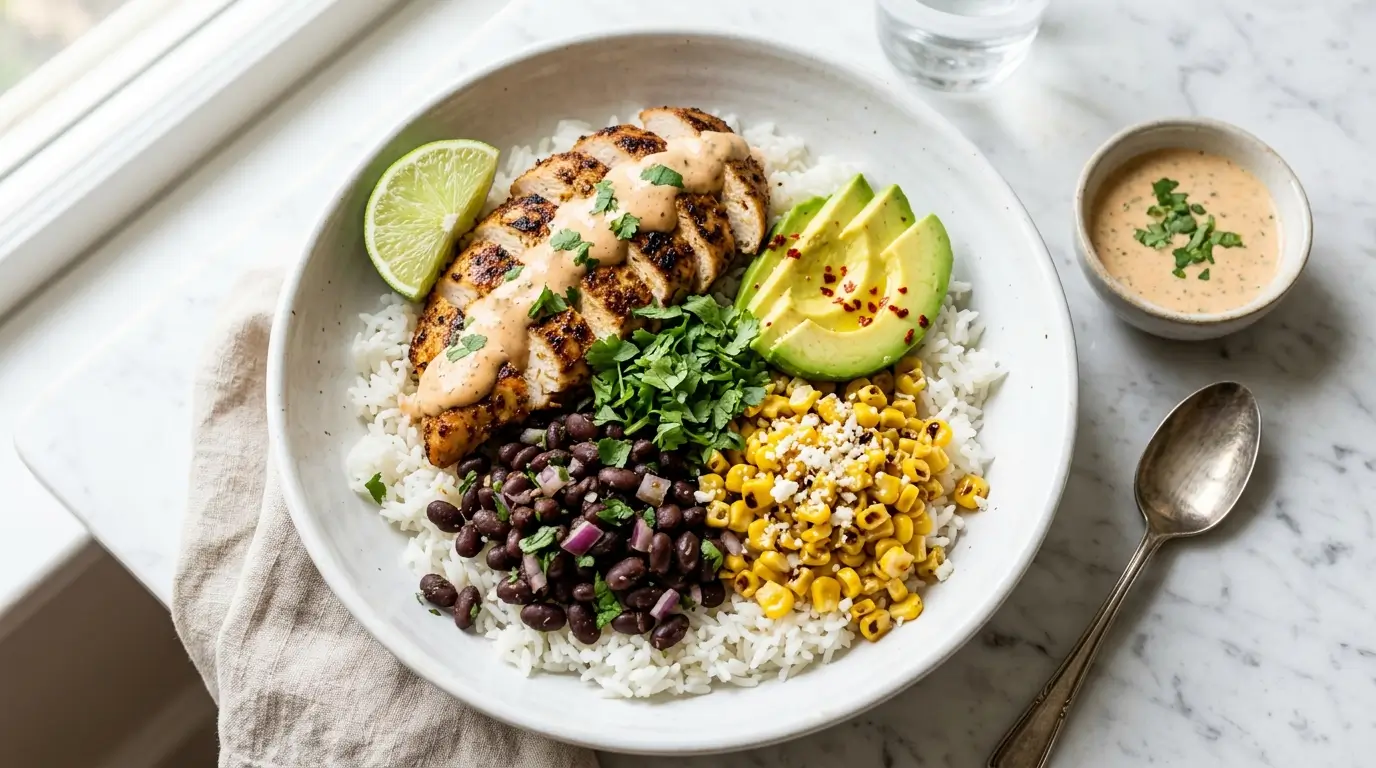 Chicken rice bowl recipe sliced chicken fluffy rice fresh vegetables sauce drizzle overhead