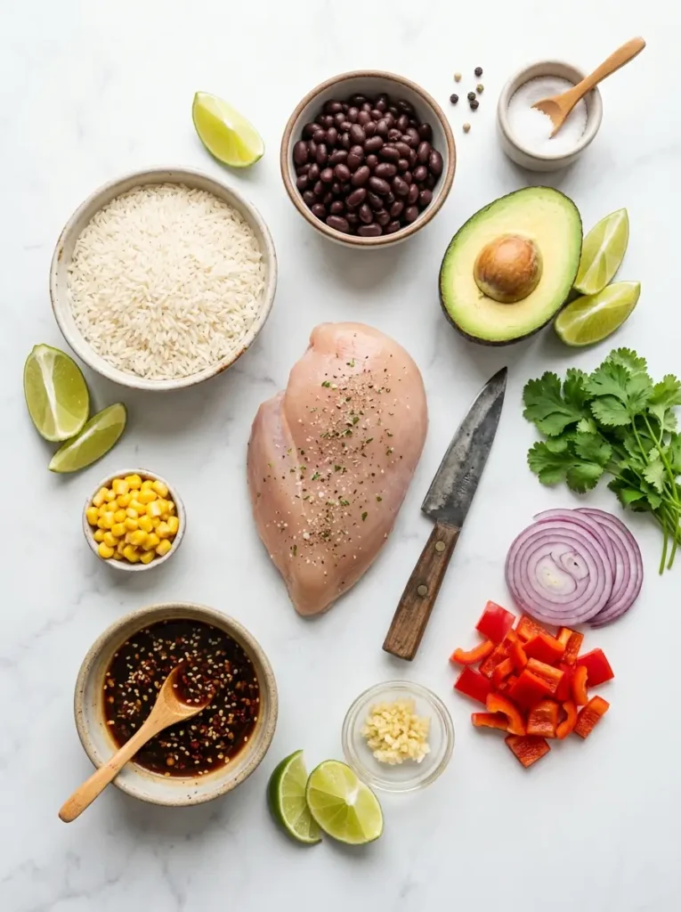 Chicken rice bowl recipe ingredients flat lay raw chicken rice vegetables sauce