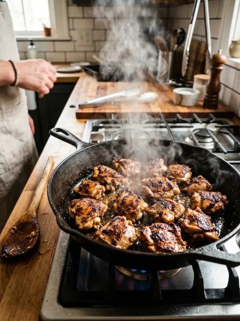 Chicken rice bowl recipe chicken searing skillet golden brown action shot