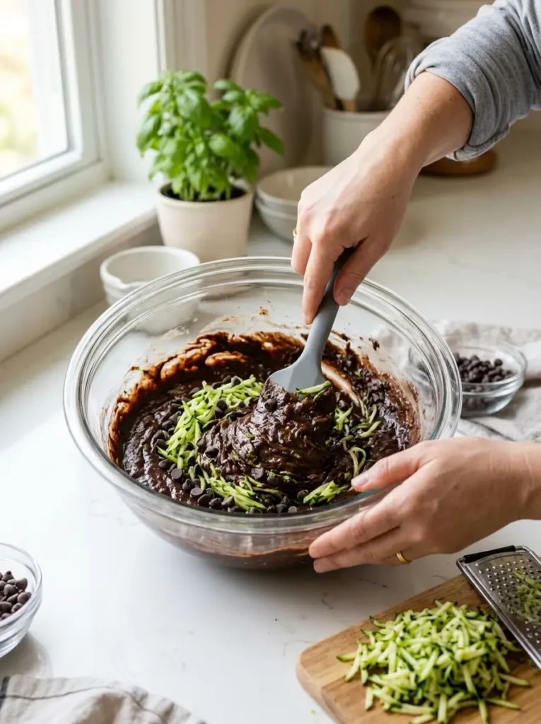 Chocolate zucchini bread cocoa batter grated zucchini folding mixing bowl action shot