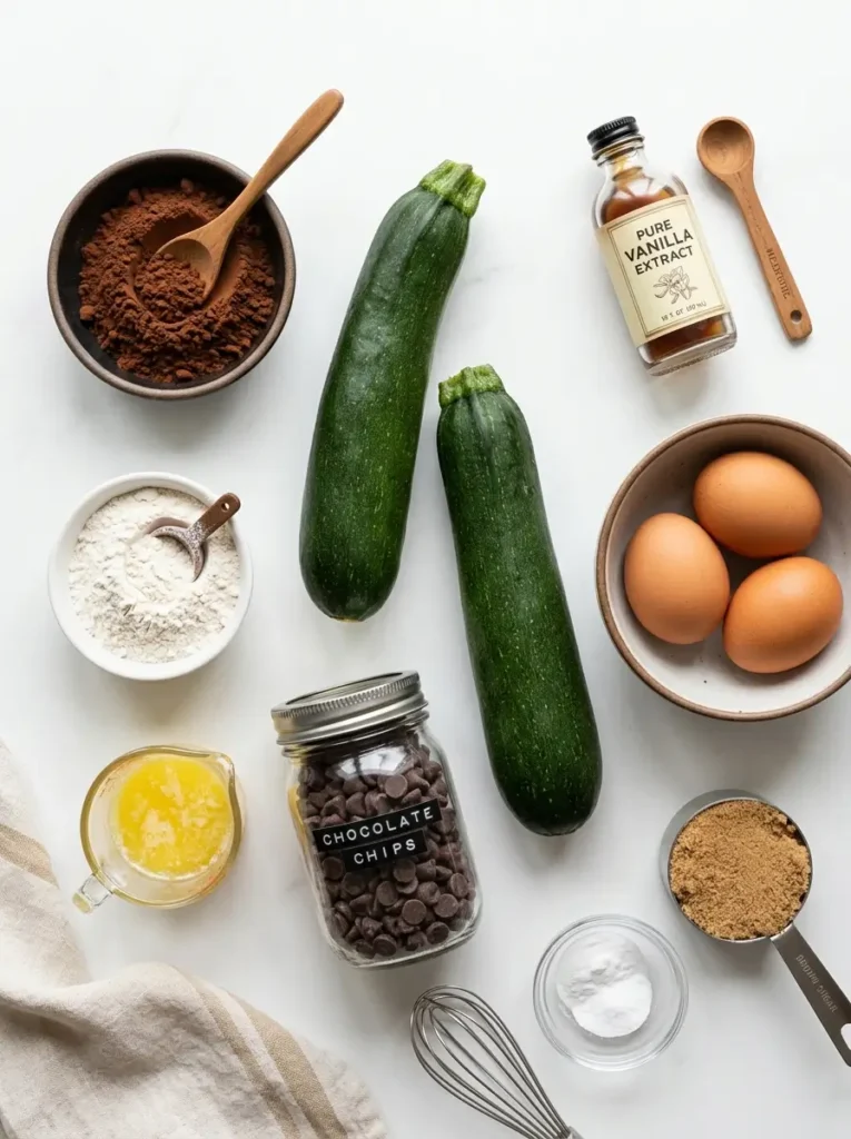 Chocolate zucchini bread ingredients flat lay fresh zucchini cocoa powder chocolate chips eggs