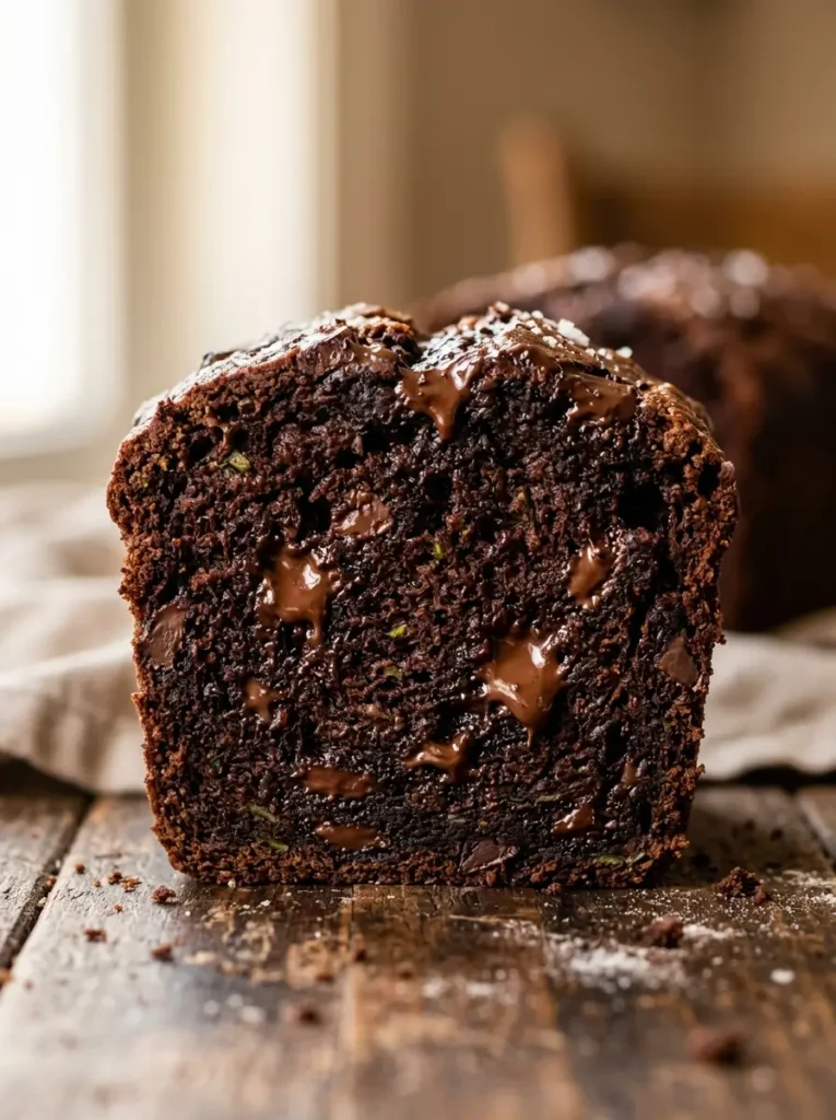 Chocolate zucchini bread close up slice fudgy crumb melted chocolate chunks