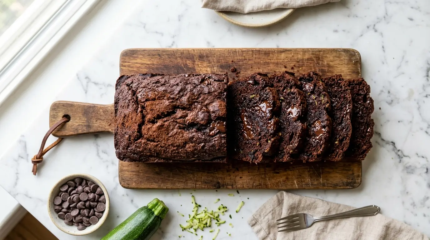 Chocolate zucchini bread sliced loaf fudgy crumb chocolate chips wooden board overhead