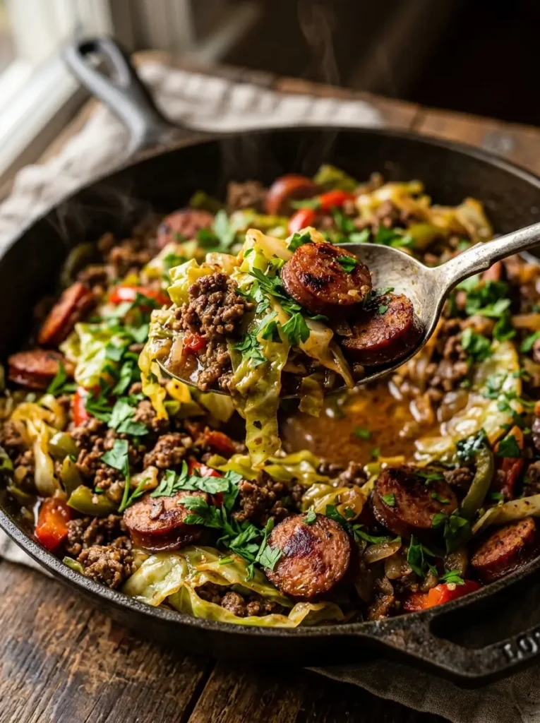 Dirty cabbage recipe close up tender cabbage ground beef smoked sausage parsley