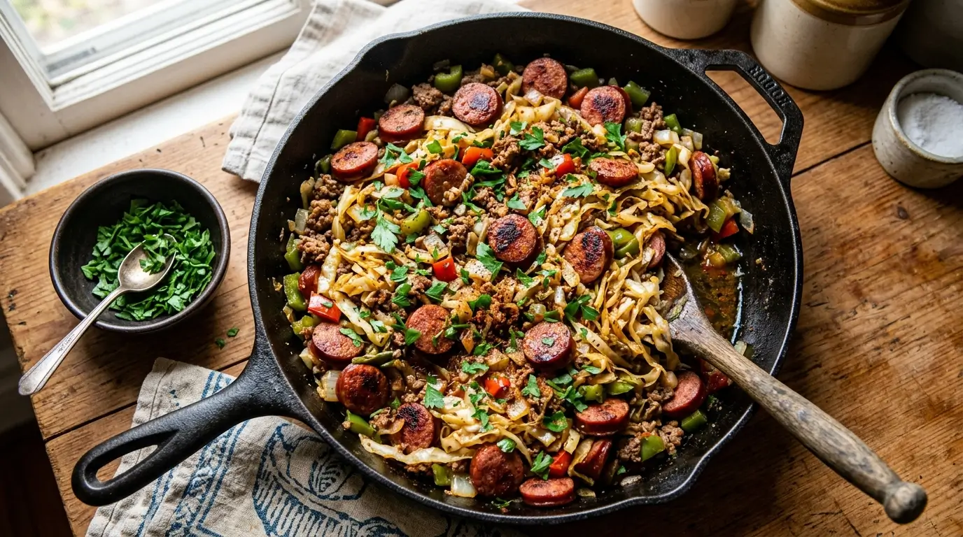 Dirty cabbage recipe ground beef smoked sausage tender cabbage Cajun skillet overhead