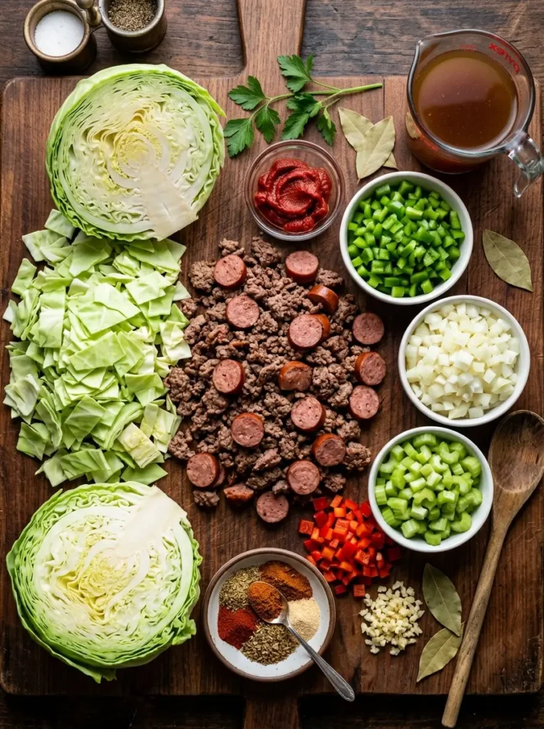 Dirty cabbage recipe ingredients cabbage ground beef halal sausage peppers onion Cajun seasoning