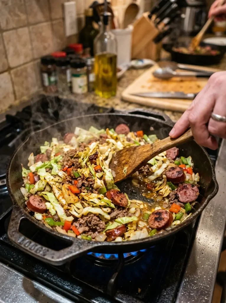 Dirty cabbage recipe cabbage beef sausage cooking in skillet wooden spoon action